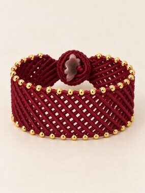 Handmade Burgundy Macrame Cuff Bracelet – Boho Woven Statement Jewelry